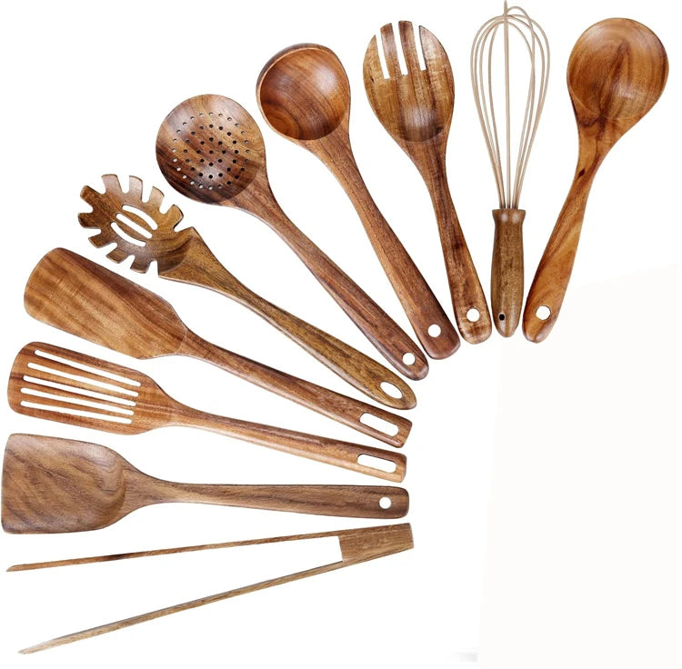 LMETJMA 10 Unidades de Utensilios de Cocina de Madera de Teca Natural, Juego de Cucharas y Espátulas de Madera para Cocinar y Hornear JT503