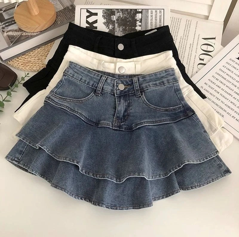 Girls Kids Stretch Denim A Line Skirt Puffy Layered Mini Skirt Summer 2026 Korean Style Fashion Casual Party School Wear