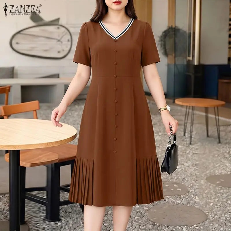 2026 ZANZEA Women Summer Sundress Patchwork Dress Elegant V Neck Short Sleeve Work Dresses Buttons Up Midi Robe Pleated Vestidos