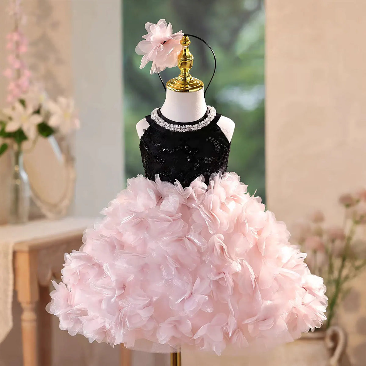 Dreamy Vow D141 Black Sequined Flower Girl Dress with Bow Knee Legth A-Line Wedding Birthday Holiday Party Summer Prom Gown