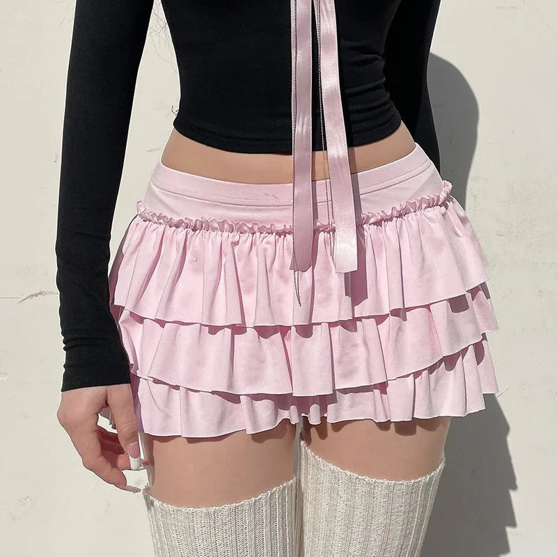 Pink Ruffled Mini Skirt Women Fashion Sexy Bow Pleated Skirt Casual Layered Sweet Preppy Style Summer Hot Skirt.