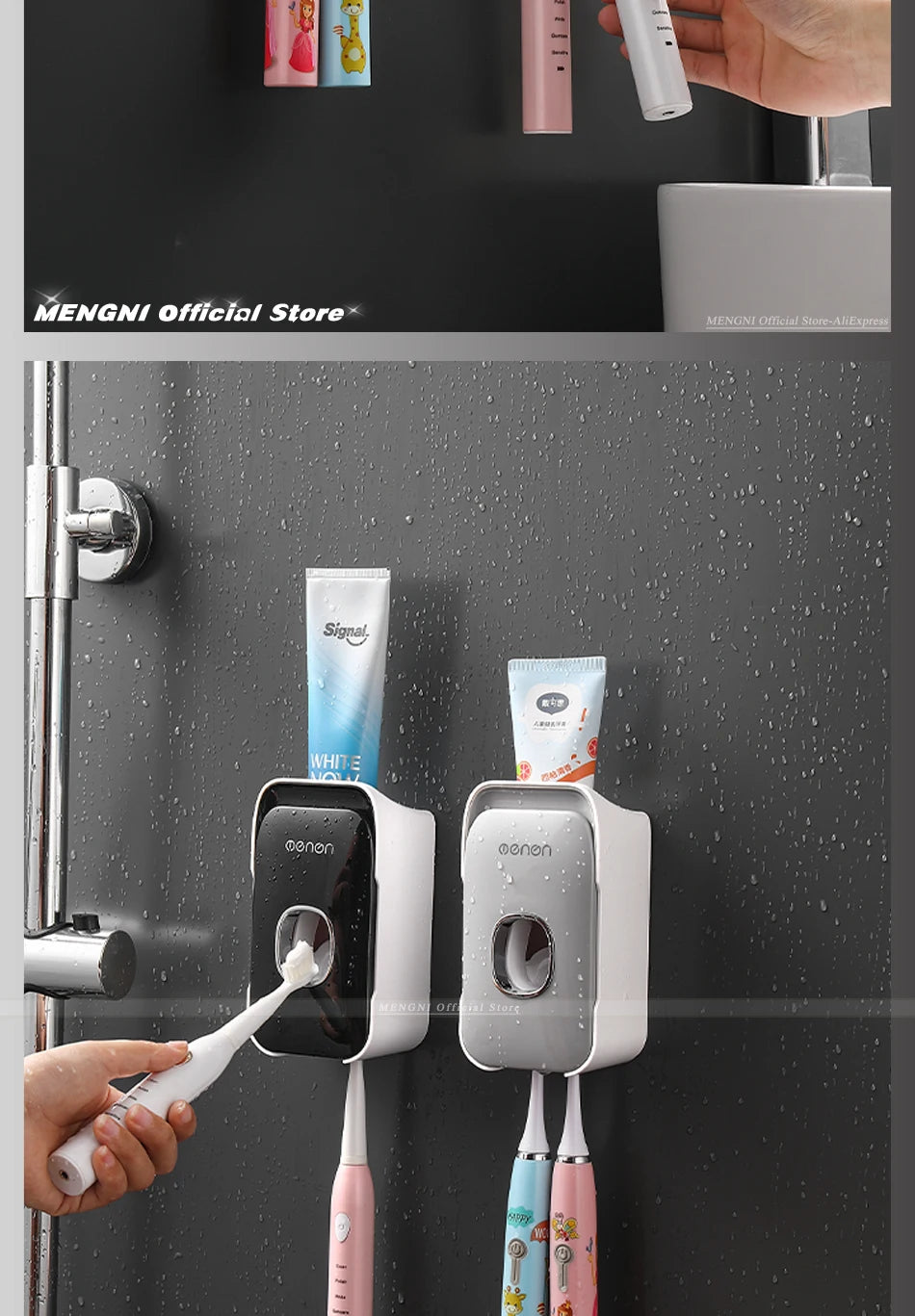 MENGNI Dispensador de pasta dental montado en la pared, exprimidor de pasta dental para baño sin perforaciones, soporte para cepillos de dientes, funcionamiento manual