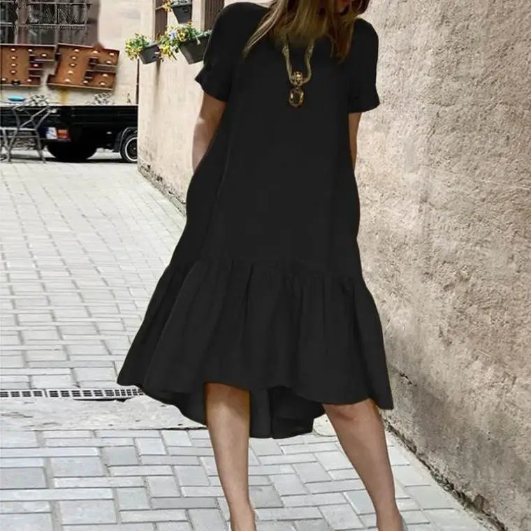 Casual round Neck Short Sleeve Midi Dress Women's Pure Color Crew Neck Gored Hem Cotton Overhead Dress mid Length Dress