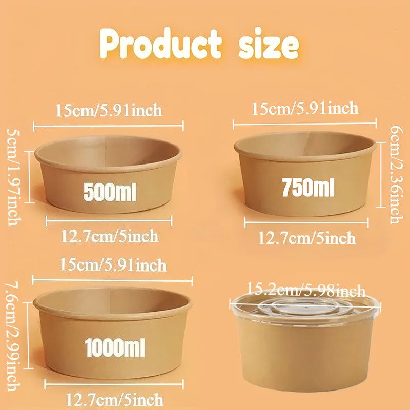 10/20PCS Kraft Paper Round Bowls Disposable Lunch Bento Bowls with Lids Meal Prep Salad Noodles Bowls Party Fries Fast Box