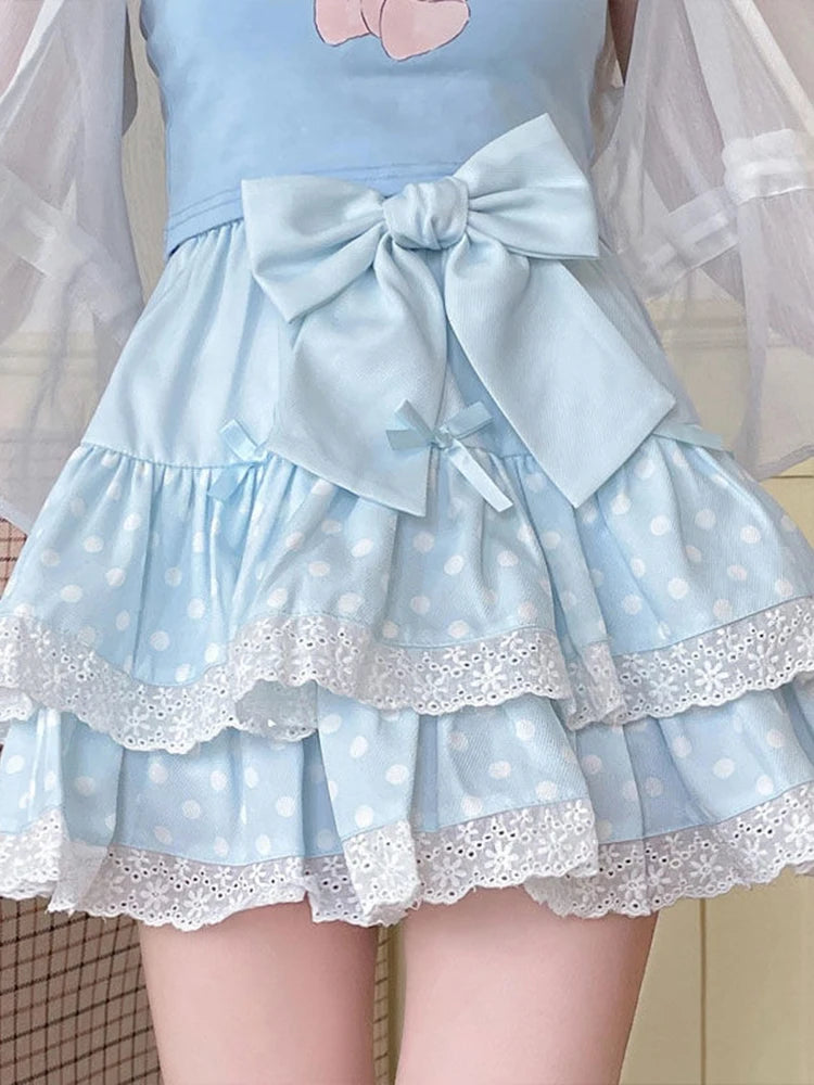 Zoki Kawaii Bow Cake Skirt Women High Waist Cute Dot Sweet Mini Skirts Fashion Casual Japan Female Solid Summer A Line Skirt New