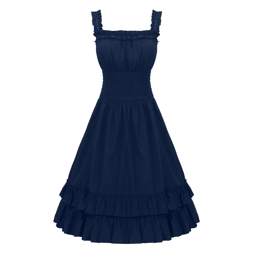 2026 Vintage Victorian Ruffle Midi Dress,High Waist A Line Women Sling Dress,Medieval Cosplay Party Dress for Women Summer Beach