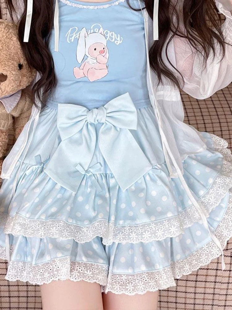 Zoki Kawaii Bow Cake Skirt Women High Waist Cute Dot Sweet Mini Skirts Fashion Casual Japan Female Solid Summer A Line Skirt New