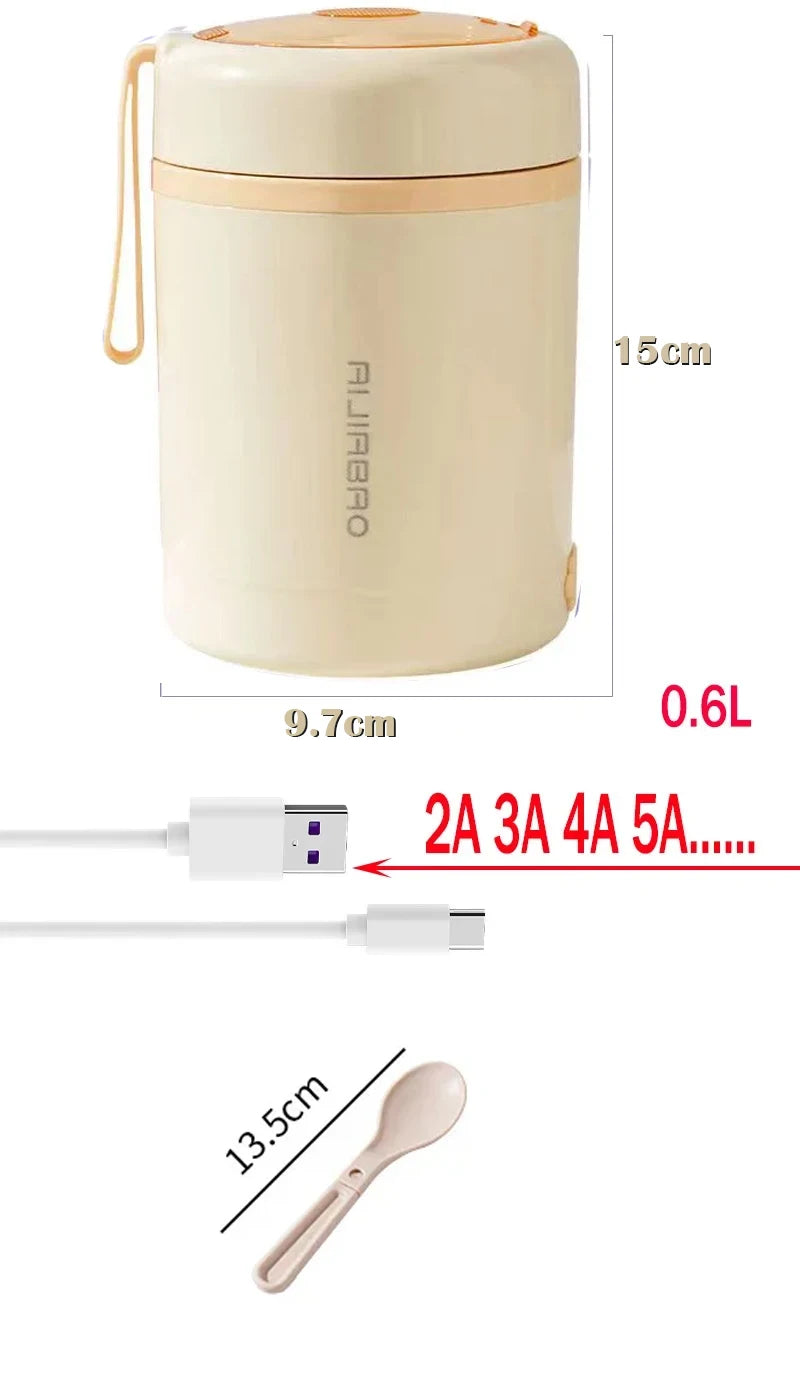 Fiambrera Eléctrica Calefactable USB de 600ML, Portátil para Picnic, Calentador de Leche y Alimentos, Contenedor Calentador de Alimentos de Acero Inoxidable 5V 12V 24V
