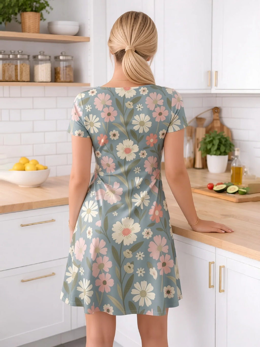 Womens V Neck Floral Print Short Sleeve Swing Dress Relaxed Fit Summer Mini Dress for Everyday Outings Travel and Summer Parties