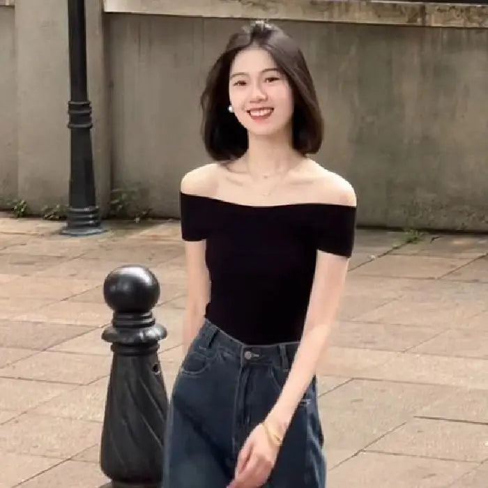 Shoulder Bared Knitted Short Sleeve T Shirt Women's Style Summer Edition Slim Fit Black Color Commute Fashion Creative Pattern