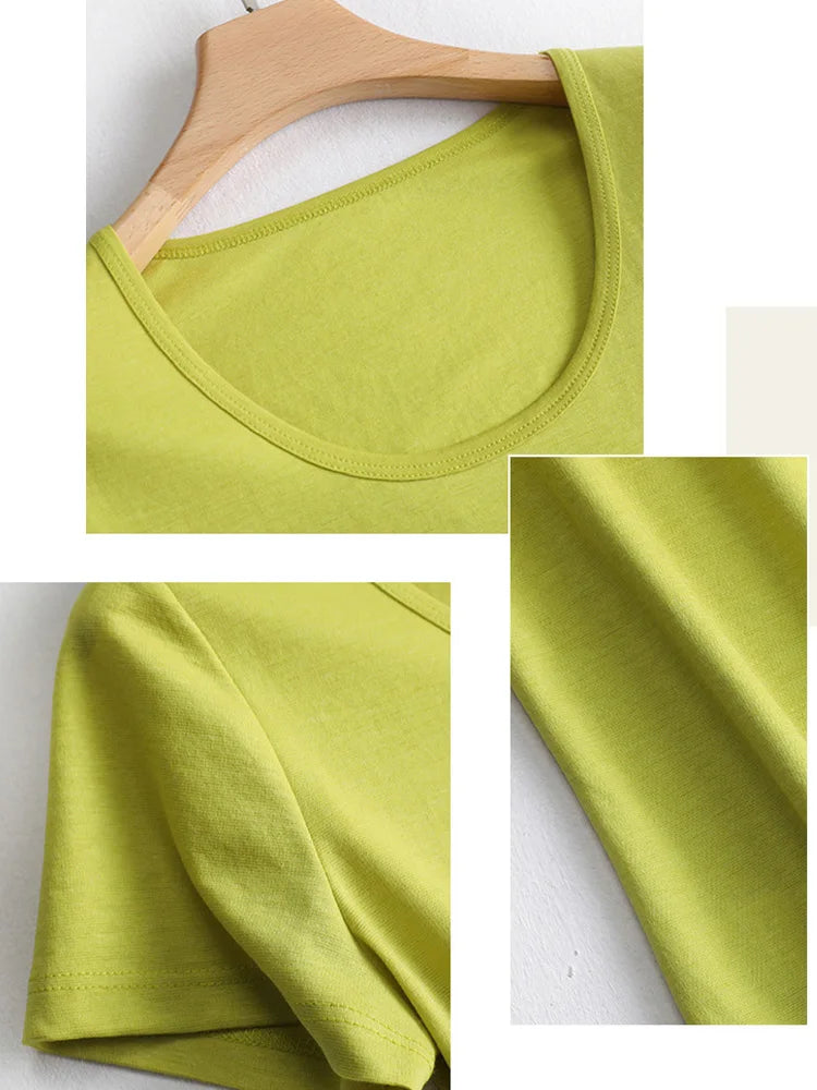 SuyaDream 2022 Woman Summer Tee Silk Acetate Blend U Neck Slim Waisted Solid Cosy T Shirt Candy Colors Top