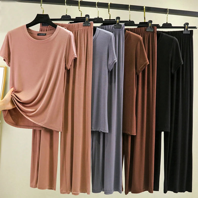 Women's Modal Pajama Set - Wide Leg Pants Casual Lounge Wear