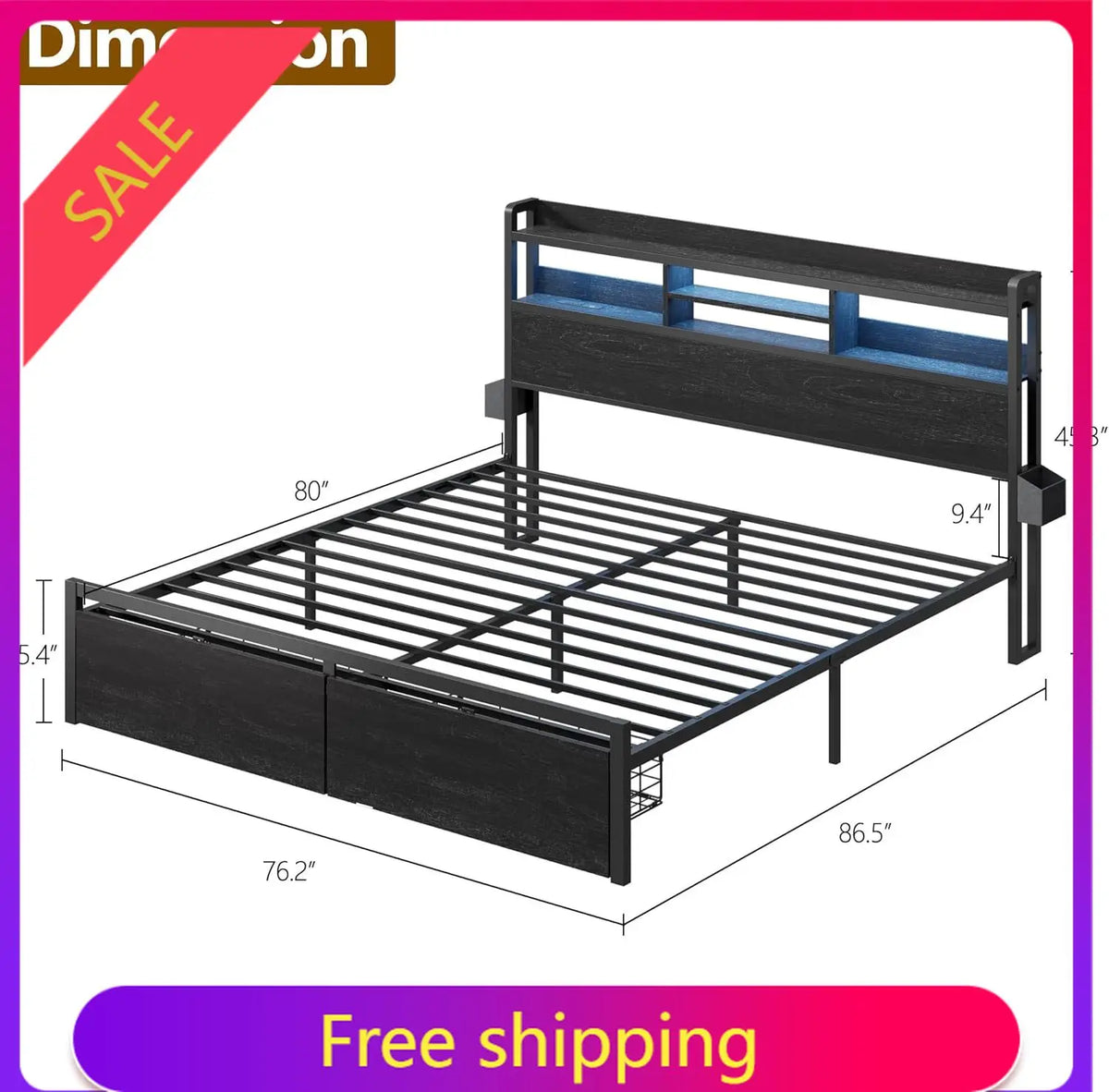 Furnulem King Size Bed Frame with 2 Drawers and Storage Headboard Black | Charging Station,USB Port, RGB LED Lights, 2 Tier Shel