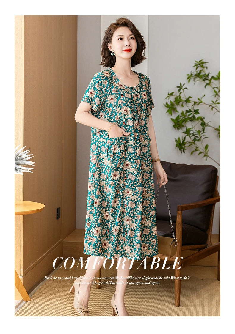 New 2025 Summer Dress Long Vintage Loose Women Elegant Sundress Dress Casual O-neck Dresses Print Plus Size