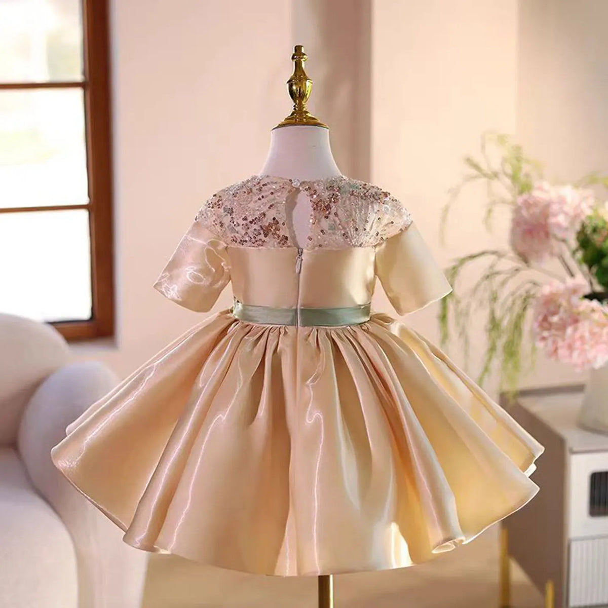 Dreamy Vow D035 Shiny O-Neck Beading Tulle Pink Flower Girl Dress Short Sleeves for Kids Wedding Birthday Party Short Ball Gown