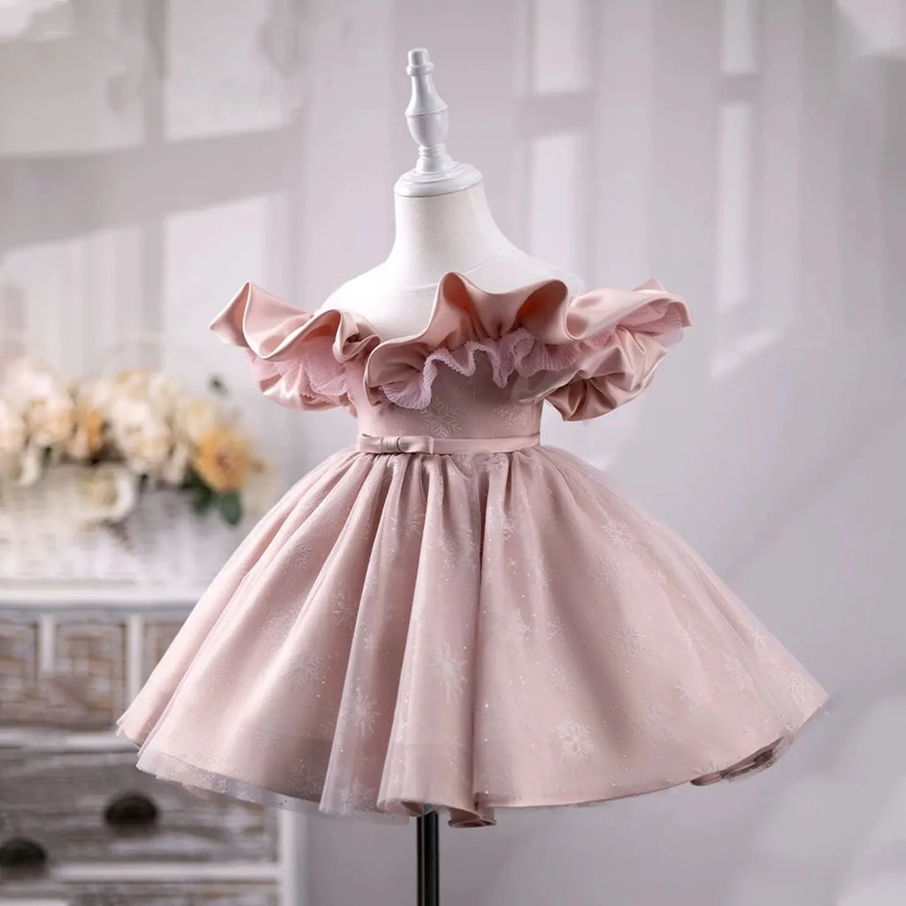 Dreamy Vow J709 Lovely Pink Baby Girl Dress Delicate Ruffled Off-shoulder Snowflake Patterns Winter Party Ball Gown