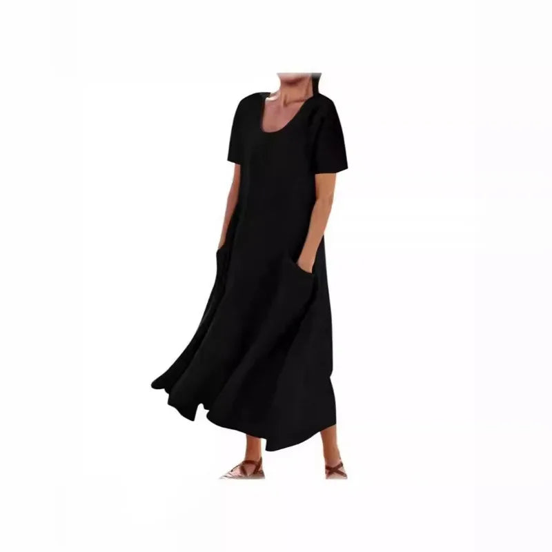 Women Solid Cotton Linen Round Neck Short Sleeve Loose Flowy Maxi Dress EU US Gown