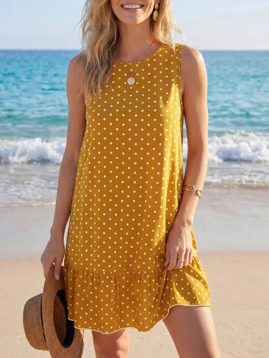 Round Neck Sleeveless A-Line Polka Dot Dress with Ruffle Hem