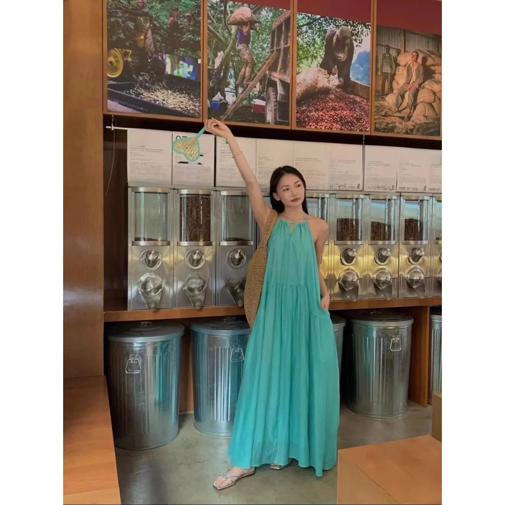 Summer Hollow out Strap Dress Women's Beach Vacation Style Beach Skirt Pleated Lazy Loose Long Dress Loose Waist Design