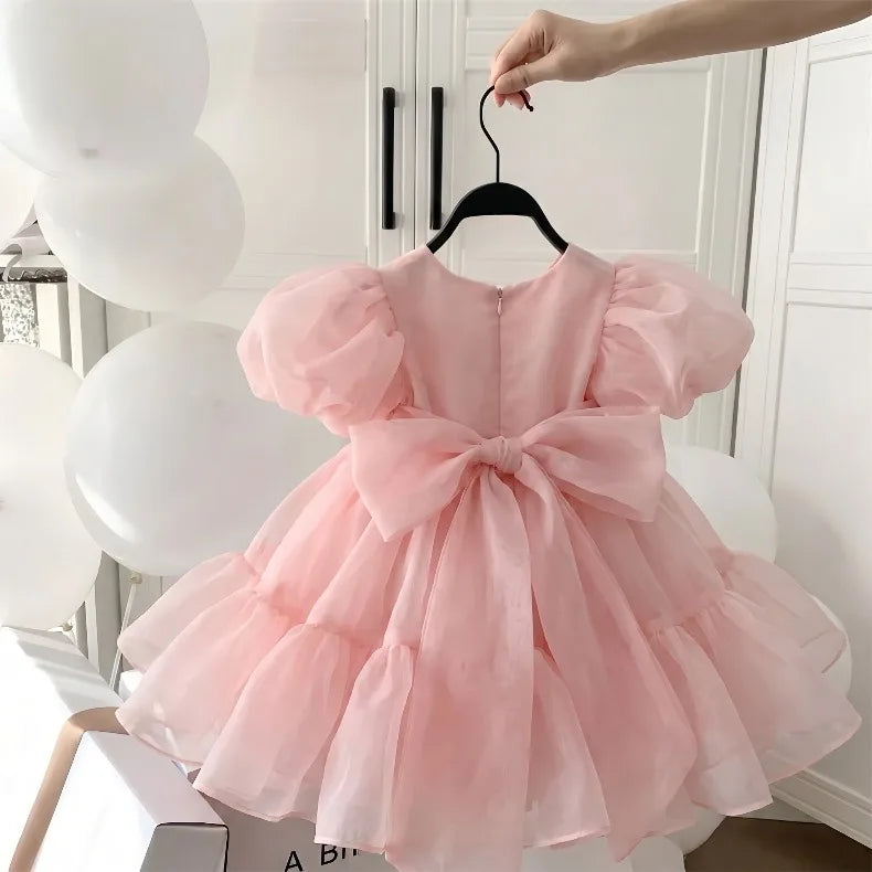 2026 Summer Girls Puff Sleeve Mesh Princess Dresses Sweety Bow Kids Wedding Clothing 1-10years Old Baby Girls Birthday Party Dre