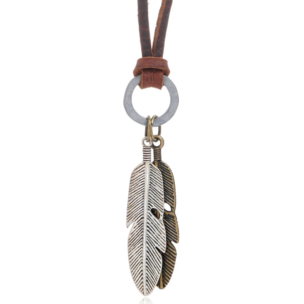 Trend Fine Jewelry Leaf Feather Pendant Rope Chain Bohemian Unisex Necklace For Women And Men