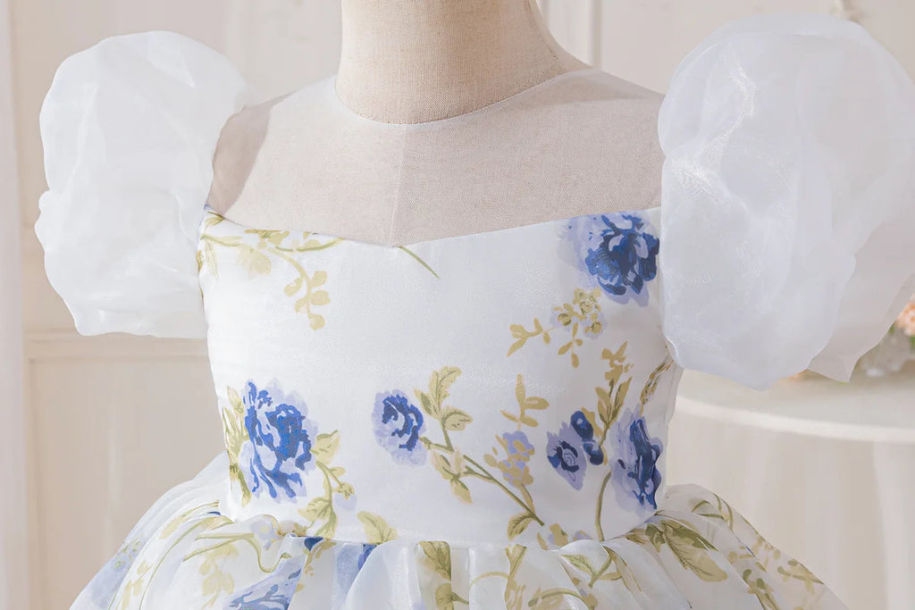 HETISO Girls Floral Chiffon Dress Korean Style Casual Birthday Gown White One-piece Summer Dress for Kids 2-10 Years