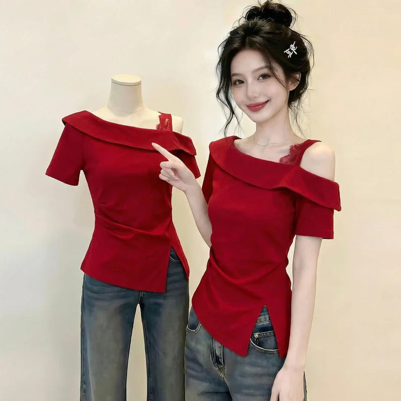 Red Asymmetrical Single Shoulder Short Sleeve T-Shirt Women's Summer New Style plus Size Fashionable Youthful Korean Version