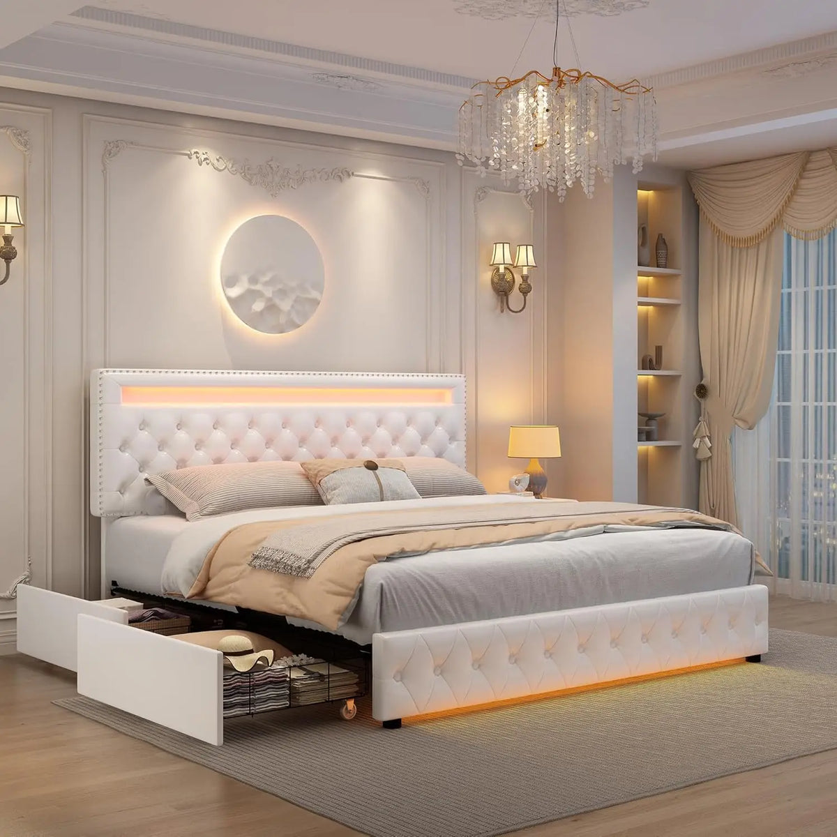 Bed Frame, Adjustable LED Headboard, Remote & App Control Lights,Plush Upholstered Platform with Silver Nailhead Trim,Customized