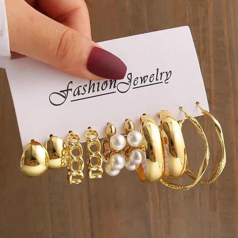 New Gold Color Vintage Geometry Pearl Earrings Set Metal Twine Square Dangle Earring Round For Women'S Trendy Jewelry