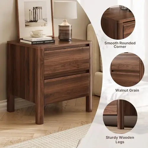 Walnut Nightstands Set of 2, Mid Century Modern Bede Table with Hidden Handles and Wood Legs, Wooden End Table with 2