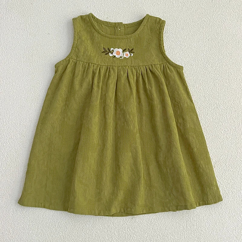 Girls Birthday Party Sisters Outfits Summer Green Apricot Floral Embroidery Sleeveless Bodysuit Vest Dress Baby Clothes H037