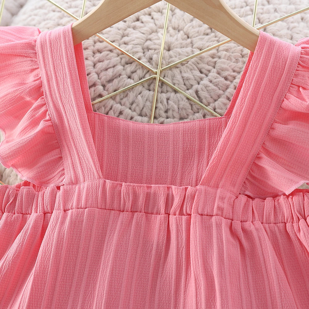 Girls Cake Princess Dress Solid Color Suspender Flying Sleeve Pink Dress Casual Kids Clothes Fashion Summer Wear
