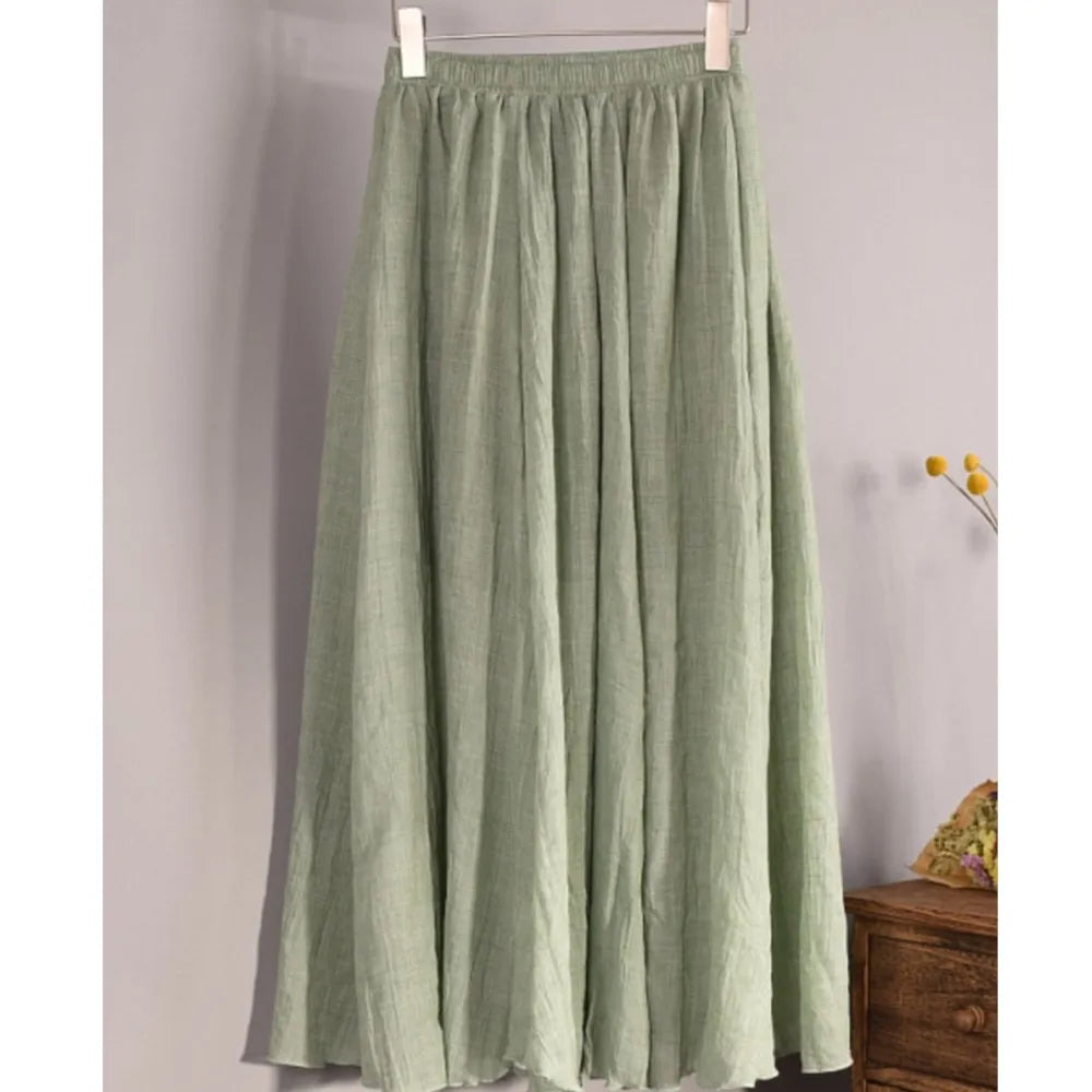 2025 Summer Women All-match Long Skirt Mid-calf Casual Linen Elastic Waistband One Size Expansion Hemline Lined Female Skirts