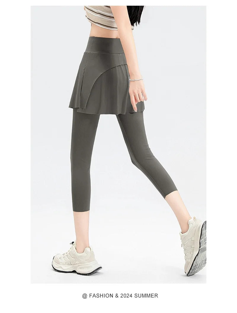 Aiithuug with Pocket Women Tennis Skirted Leggings Capris Yoga Leggings with Skirts Tennis Pickleball Clothing Cropped Leggings