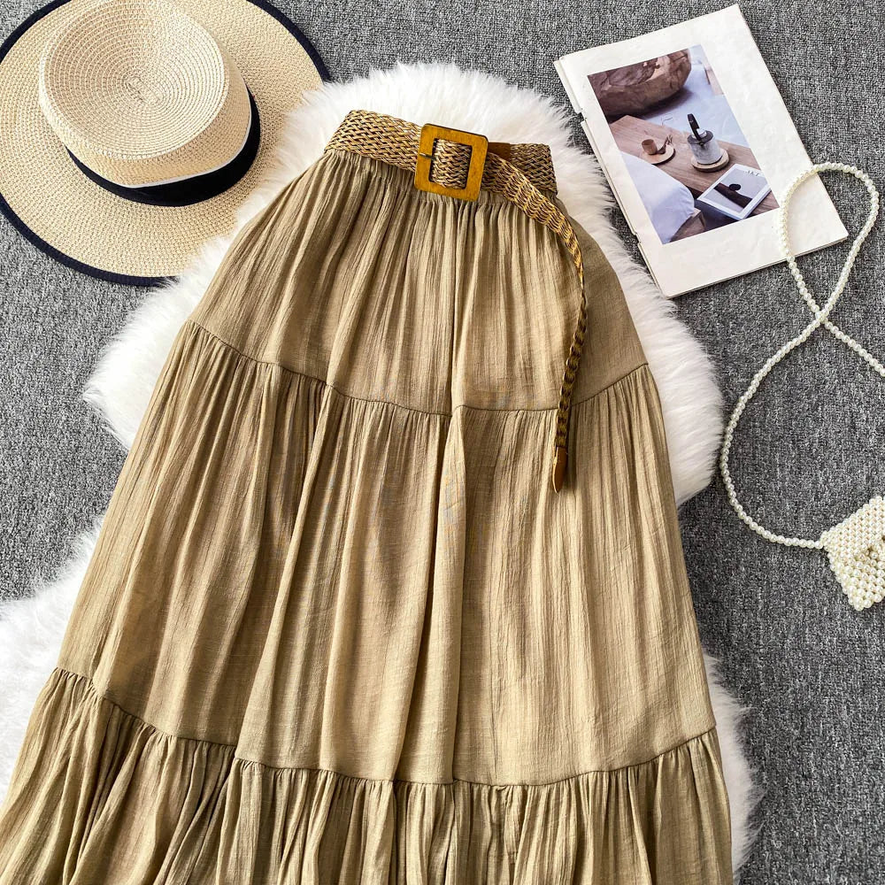 White Casual Mid-Length Puffy Skirt Women's Summer High Waist Slimming Cake Skirt Korean Sle Commute A-Line Skirt