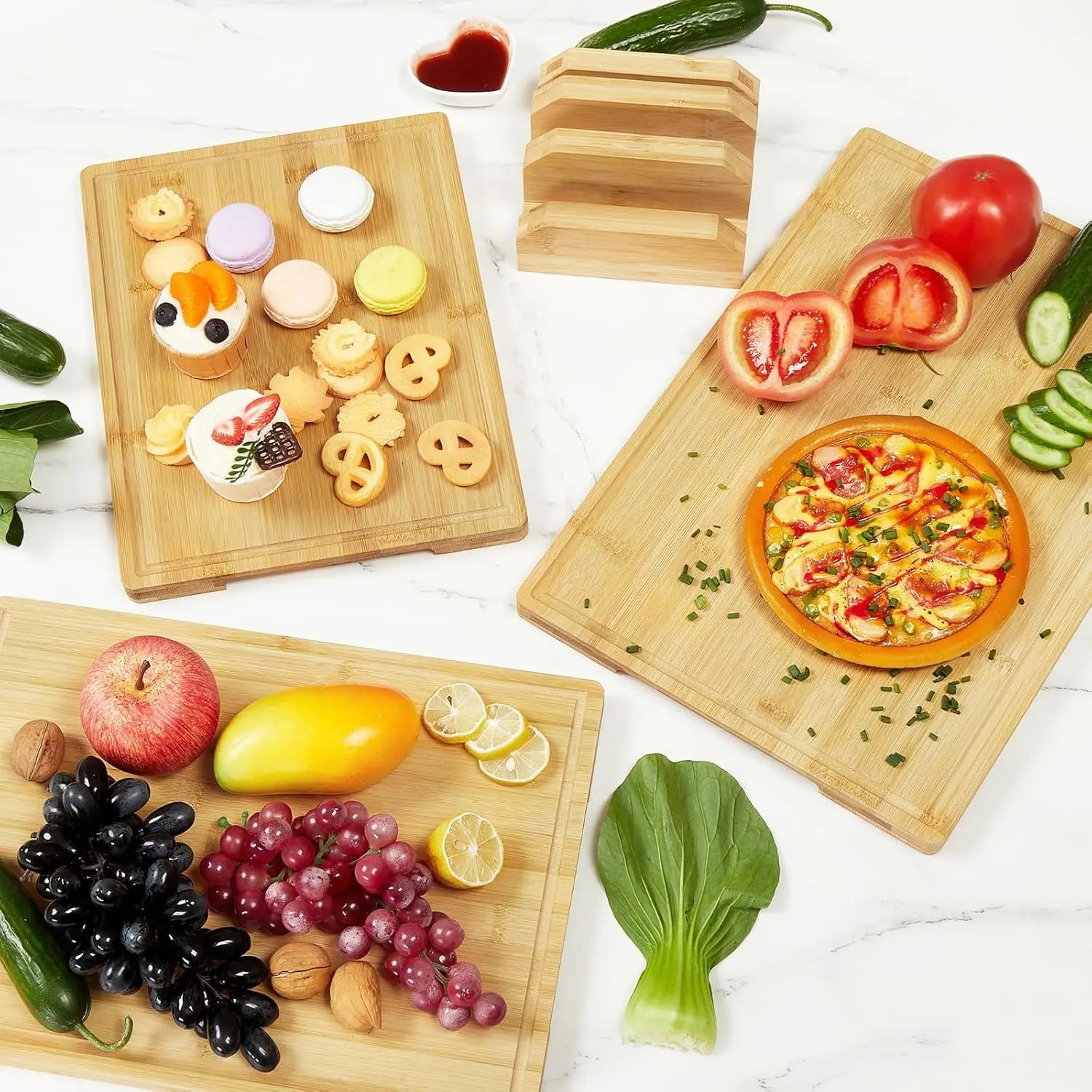 3-Piece Natural Bamboo Cutting Boards Set with Stand | Kitchen Chopping Boards 43x30cm/38x28cm/33x25cm,Deep Juice Grooves,Dishwasher Safe,Knife Friendly