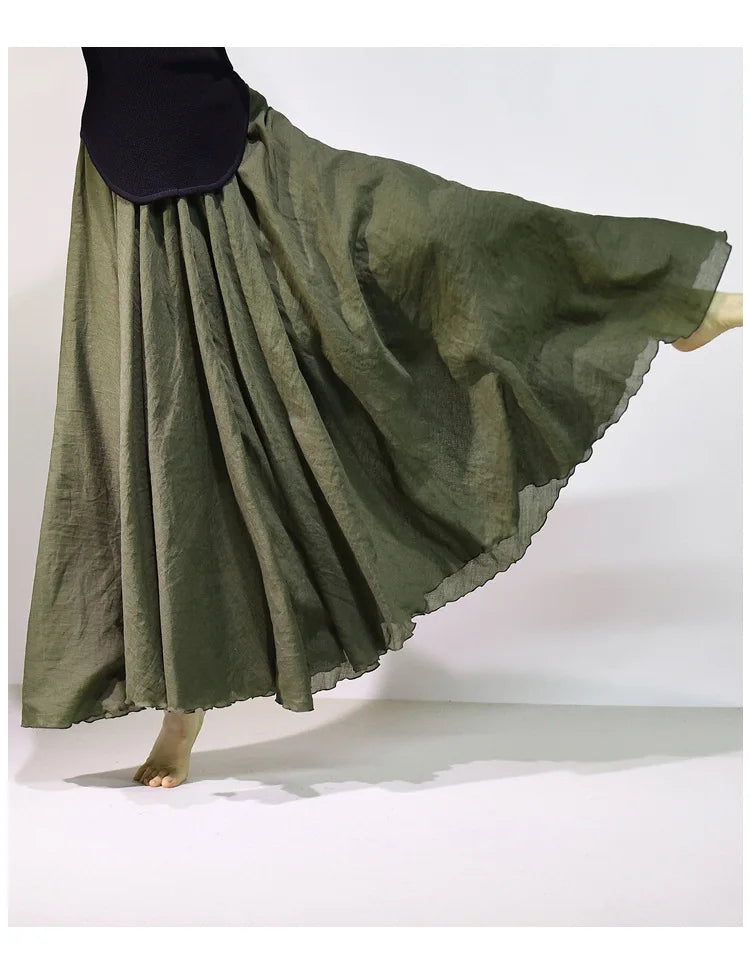 New In 2026 Spring Summer Woman Cotton Linen Midi Skirt Solid Color Loose Flared Pleated A-line Skirt Female Sweet Elegant Skirt