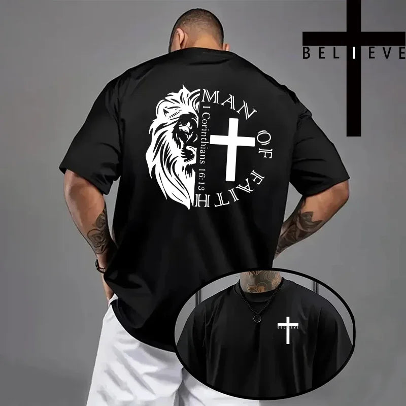 Men's Jesus Cross Print T-Shirt - Casual Short Sleeve Cotton Tee