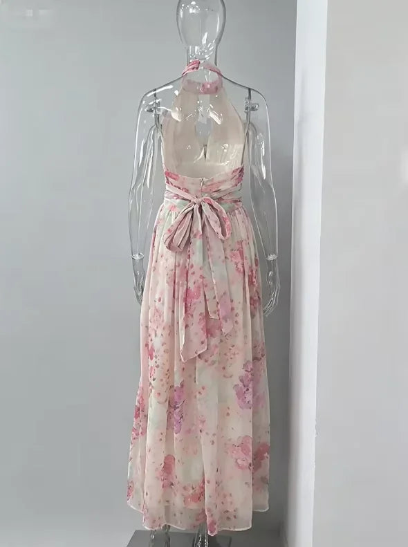 Trendy Keyhole Cutout Open Back Bow Waist Skirt Lady's Floral Print Flared Hem Dating Frock Elegant Halter Neck Women Maxi Dress
