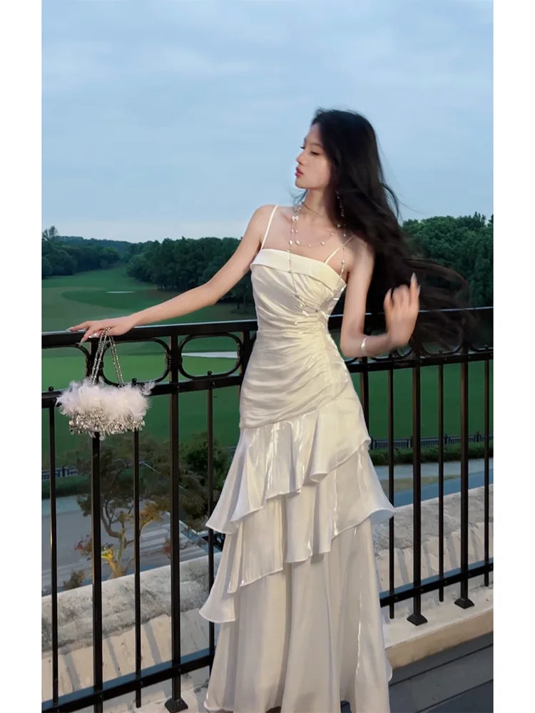 Women's Ruffles Elegant Romantic Spaghetti Straps Dresses Prom Gown Princess Graduation Party Sling DressFestival Formal Clothes