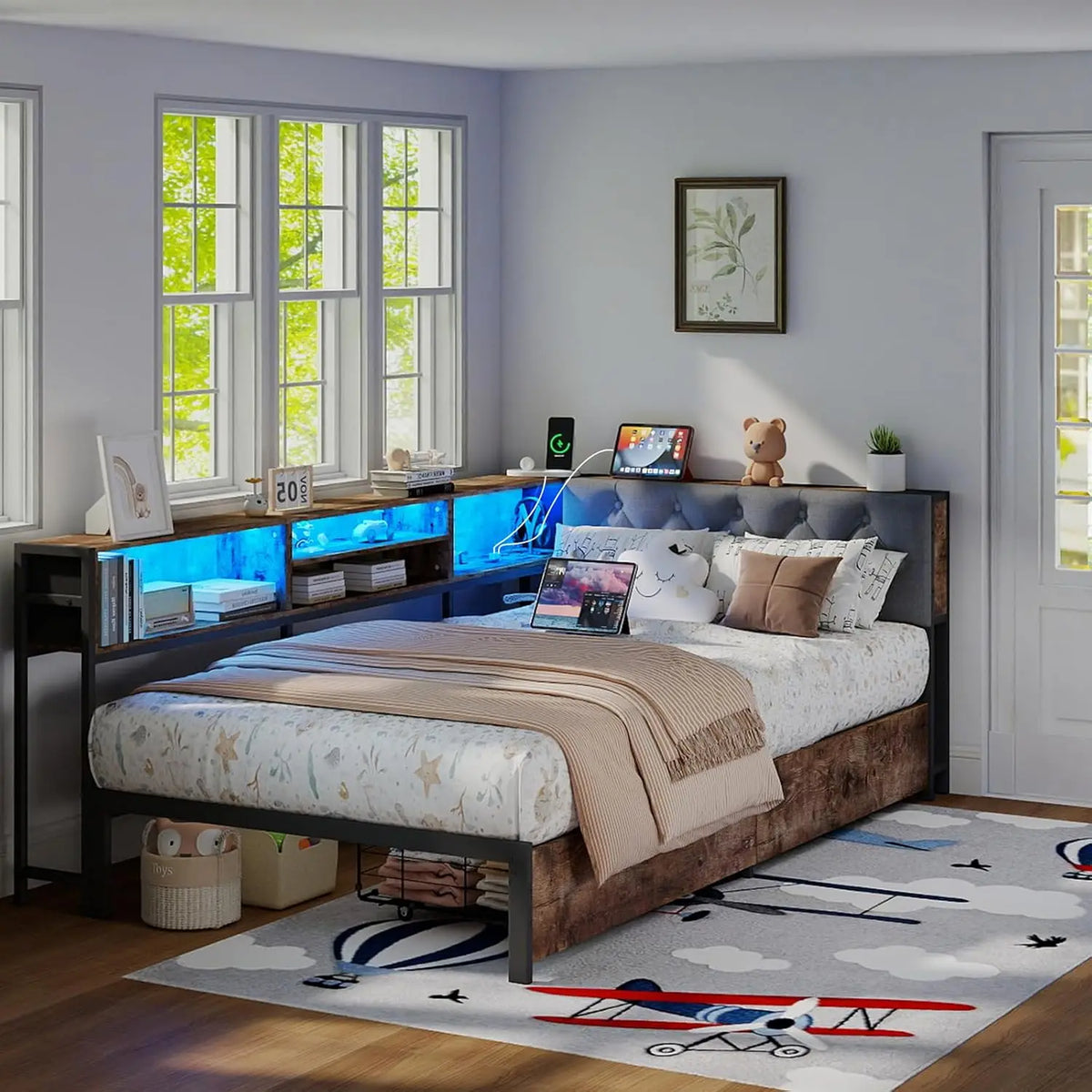 Twin Size Corner Bed Frame with Storage Bookcase and Headboard, Metal Platform Twin Bed with LED Lights and, Customized