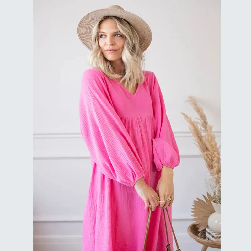 100% Cotton Gauze Muslin Night Dress For Women Sexy V-Neck Long Sleeve Maxi Party Birthday Dress Beach Boho Sundress