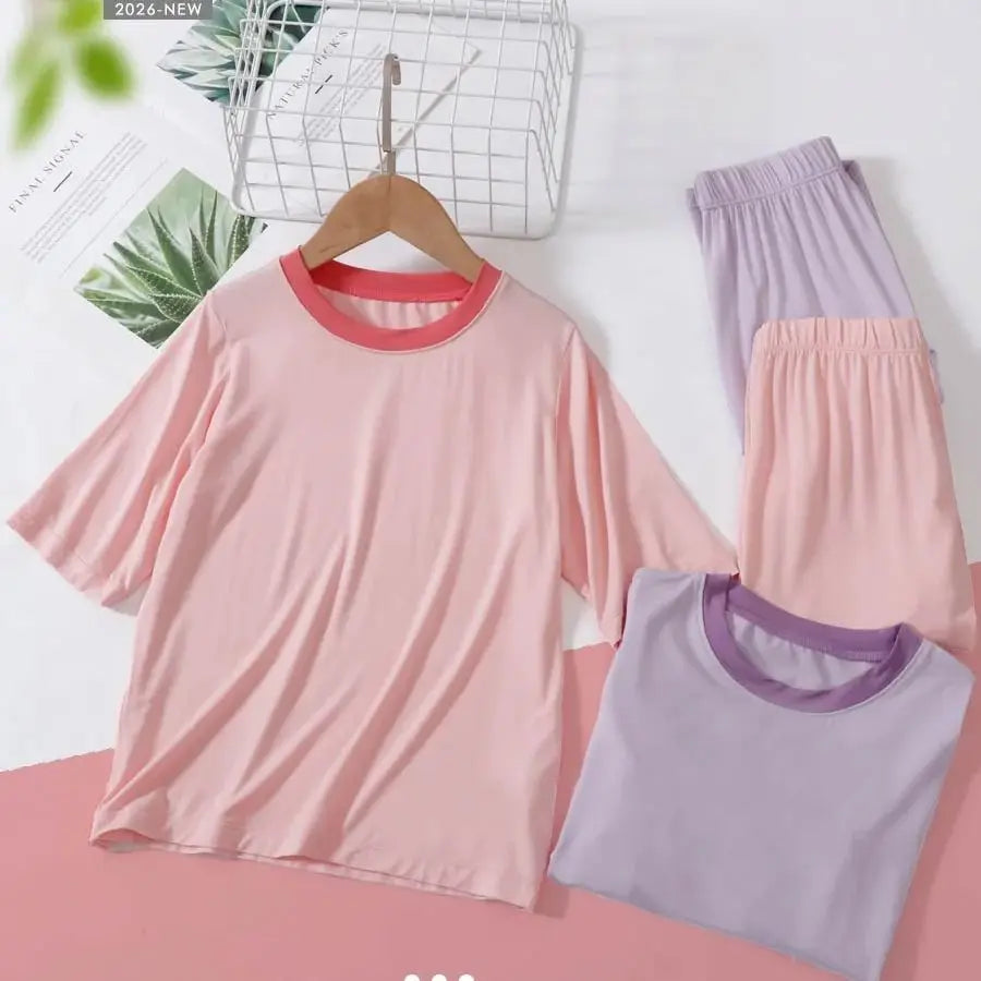 2026 Summer Thin Children Pajamas Contrast Color Soft Cooling Pajamas for Girls 10A Antibacterial Boys Sleepwear