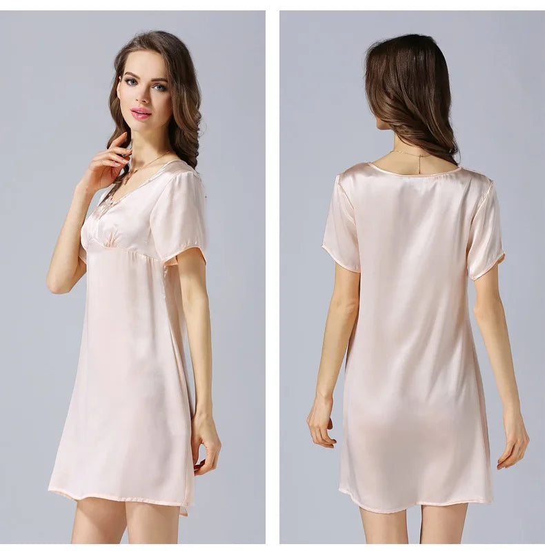 Women's 2023 Spring/Autumn Silk Pajamas 100%Natural Mulberry Silk Short Sleeved Nightdress Noble Silk Home Clothes Pajamas