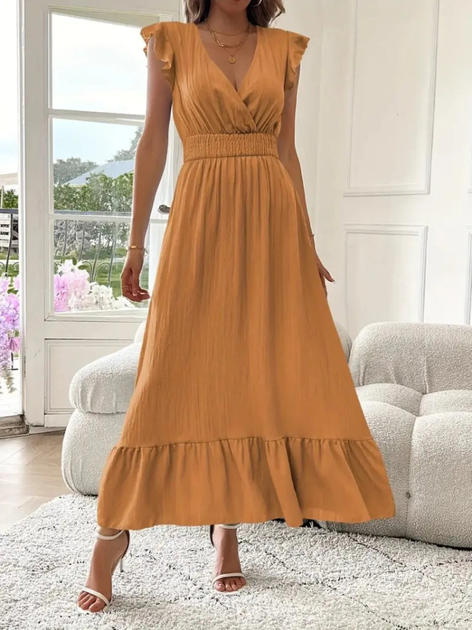 New in Summer Women 's Long Dresses V Neck Solid Color Elastic Waist Gown Office Lady Ruffles Wrinkle Design Casual A Line Dress