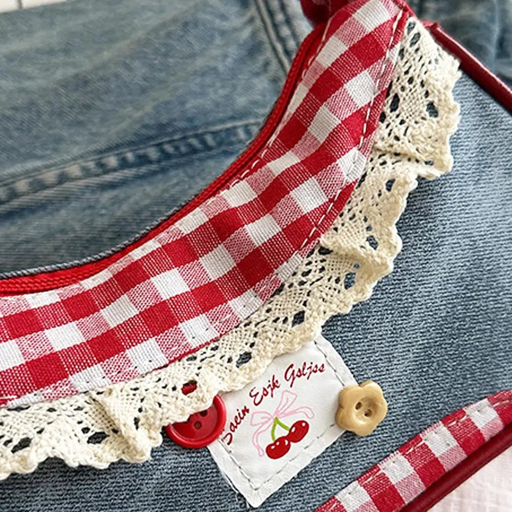 Fashion Grid Women Bag Lace Ribbon Stretchable Shoulder Strap Single Shoulder Underarm Bag Daily Commuting Student Handbag