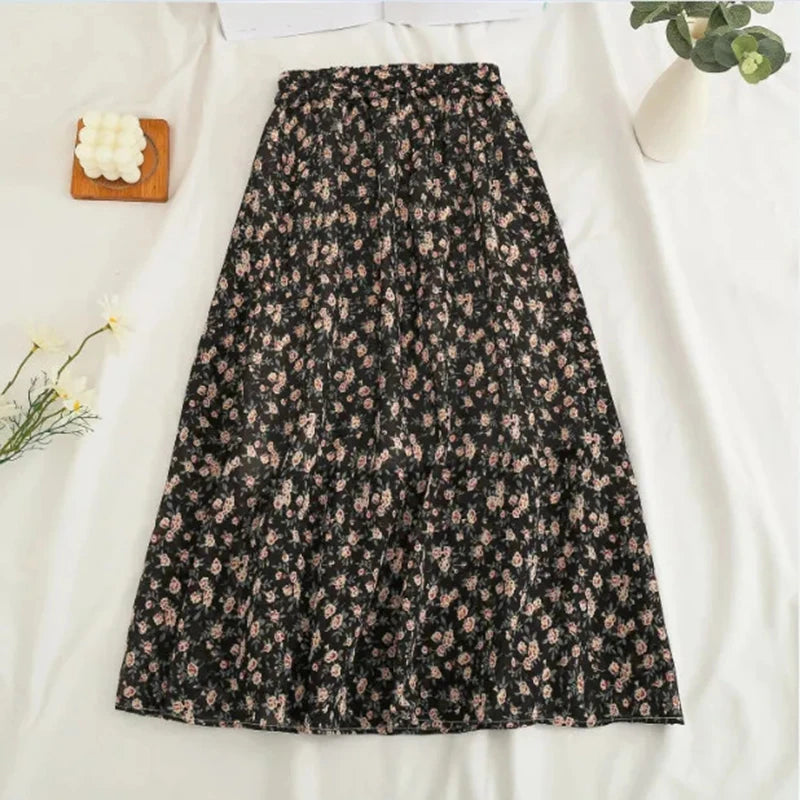 Women's Korean Style Floral Chiffon Midi Skirt – High Waist Loose A-Line Summer Skirt
