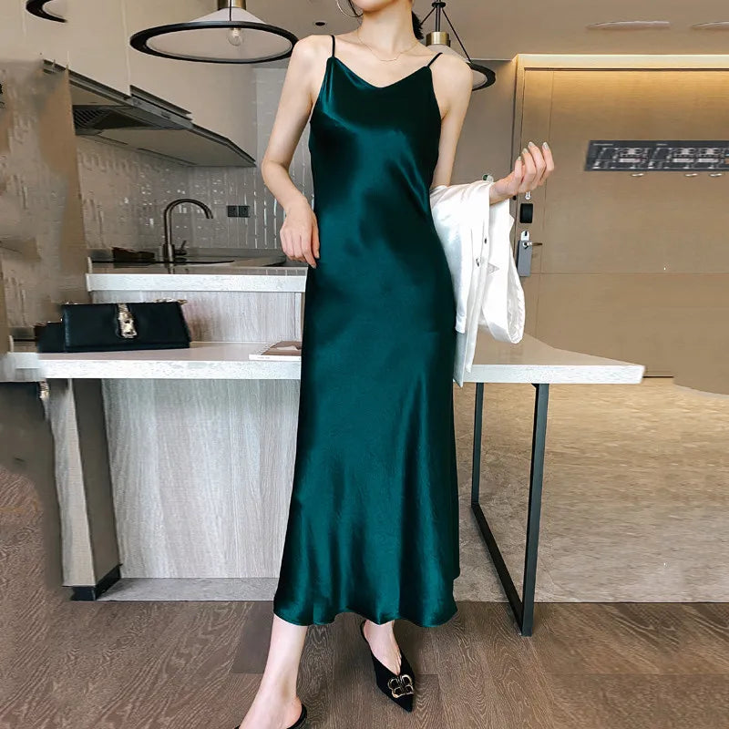 Asyabuykal Women's Satin A-Line Party Dress - V-Neck Spaghetti Strap