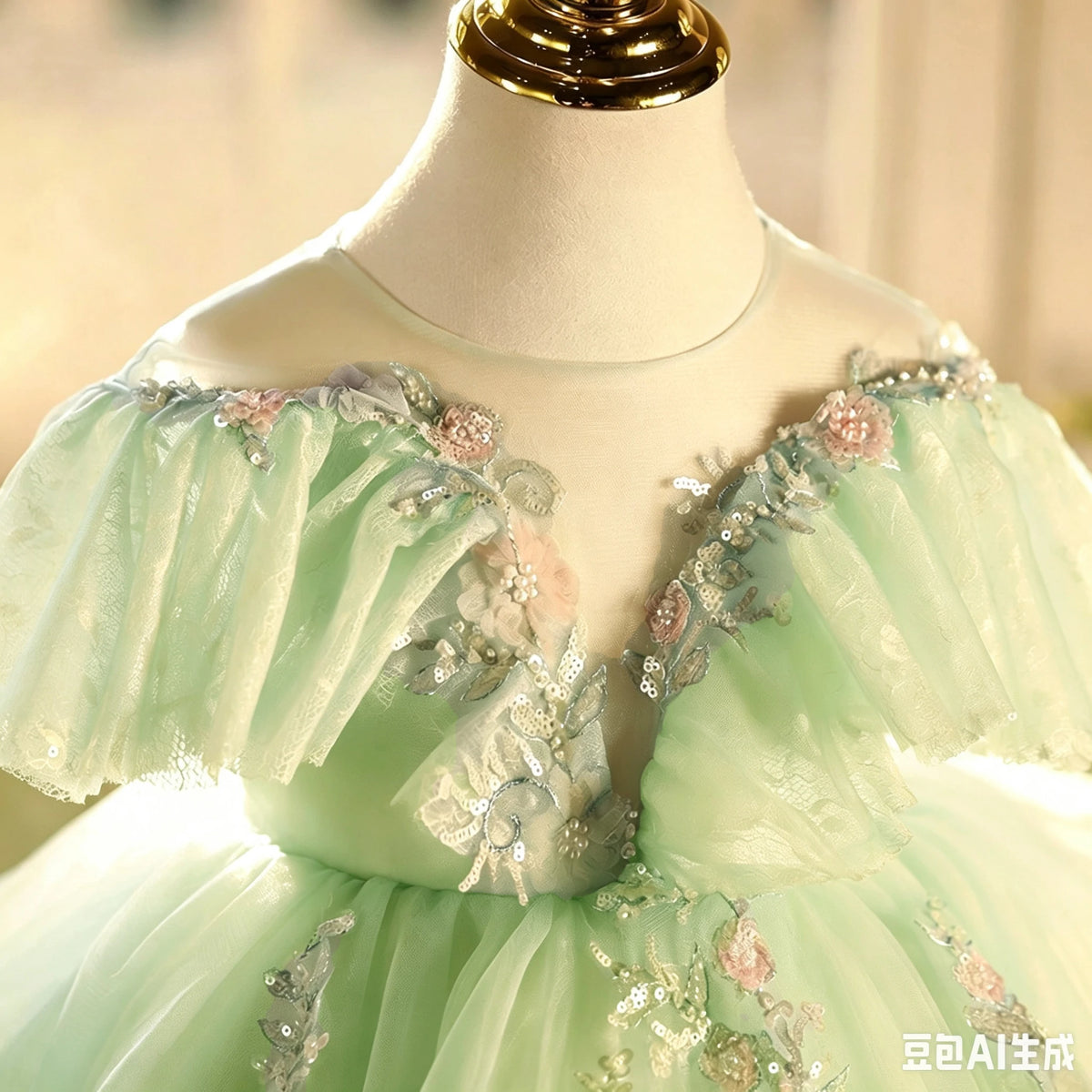 2026 Girls' Sage Light Green Tulle Knee-length Party Dress Floral Embroidered Lace Birthday Princess Ball Gown for 1-14Yr Girls