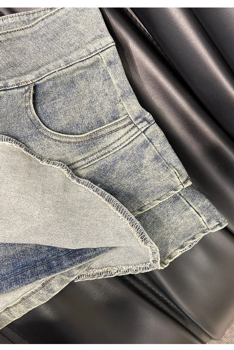 2026 American Pure Desire Spicy Girl Design Elastic Denim Skirt Half-length Pleated Cake Skirt Short Commute High Elasticity